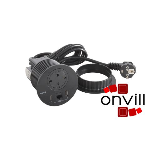 Legrand 654711, Incara Disq 80 - Bútorba Süllyeszthető 2P+F + USB-A+C + Rj45 Cat.6 UTP Aljzat, 2M Kábellel, Fekete