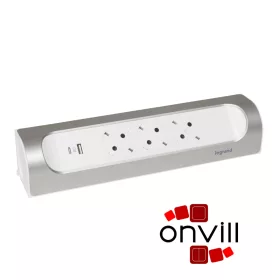   Legrand 694504, Sarokba Illeszkedő Elosztósor, 3X2P+F, USB-A + USB-C, Vezeték Nélkül, Fehér/Alumínium