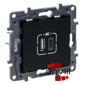   Legrand 863540, Niloé Step Kettős USB-A+USB-C Töltőaljzat, Beépített Tápegységgel, Fekete