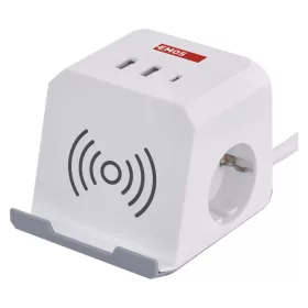   EMOS P0222CQ, Hosszabbító - kocka 2 m / 2 aljzat / fehér / 2×USB-A+1×USB-C+Qi / 1,5 mm2