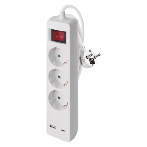 EMOS P1322CU, Hosszabbító 2 m / 3 aljzat / kapcsolós / fehér / 1× USB-A + 1× USB-C  / 1,5 mm2