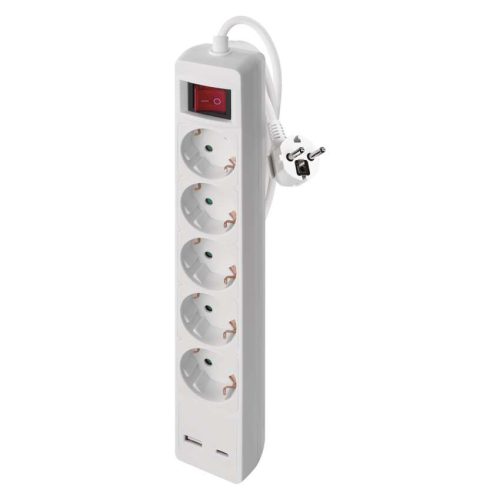 EMOS P1523CU, Hosszabbító 3 m / 5 aljzat / kapcsolós / fehér / 1× USB-A + 1× USB-C  / 1,5 mm2