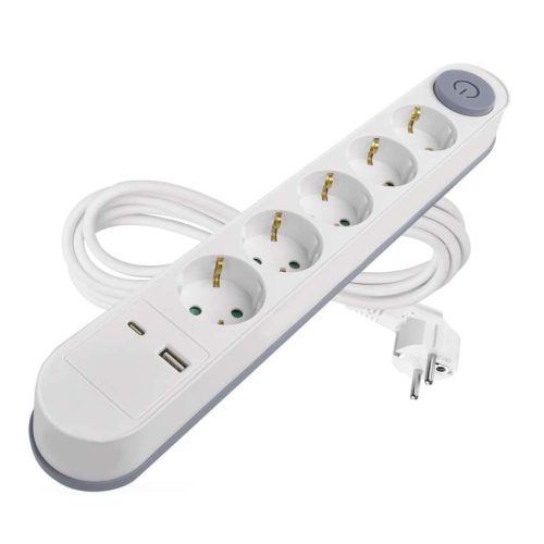EMOS P1523PD, Hosszabbító 3 m / 5 aljzat / kapcsolós / fehér / 1× USB-A + 1× USB-C  / 1,5 mm2
