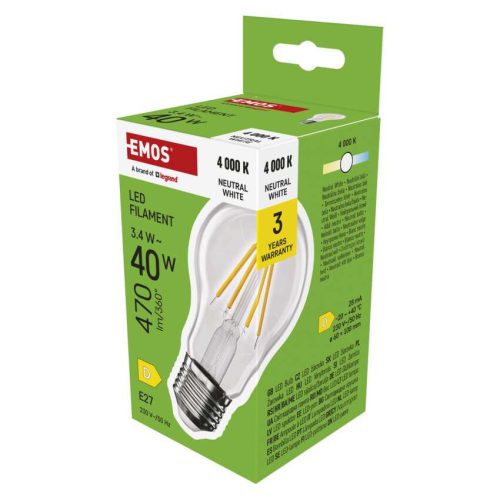 EMOS ZF5D23, LED izzó Filament A60 / E27 / 3,4 W (40 W) / 470 lm / Természetes fehér