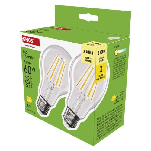 EMOS ZF5D42-2, LED izzó Filament A60 / E27 / 5,9 W (60 W) / 806 lm / Meleg fehér
