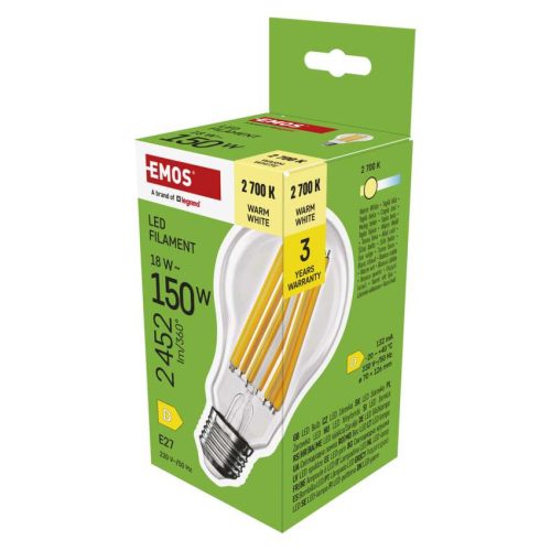EMOS ZF5D82, LED izzó Filament A70 / E27 / 18 W (150 W) / 2452 lm / Meleg fehér