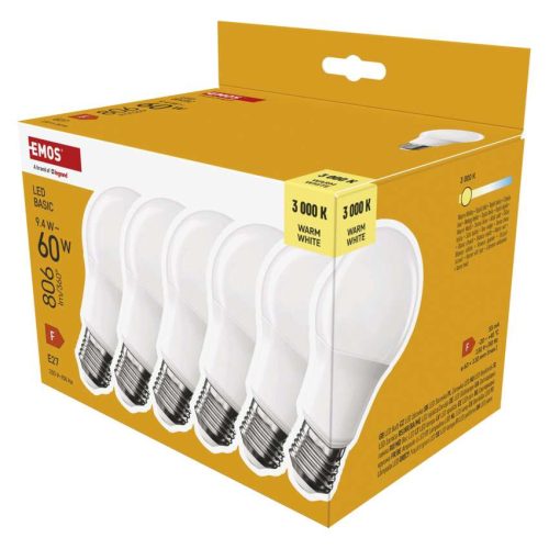 EMOS ZL5F42-6, LED izzó Basic A60 / E27 / 9,4 W (60 W) / 806 lm / Meleg fehér