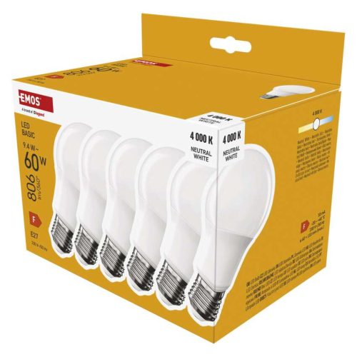 EMOS ZL5F43-6, LED izzó Basic A60 / E27 / 9,4 W (60 W) / 806 lm / Természetes fehér