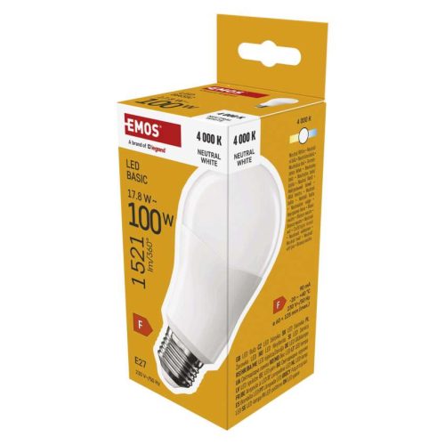 EMOS ZL5F63, LED izzó Basic A60 / E27 / 17,8 W (100 W) / 1521 lm / Természetes fehér