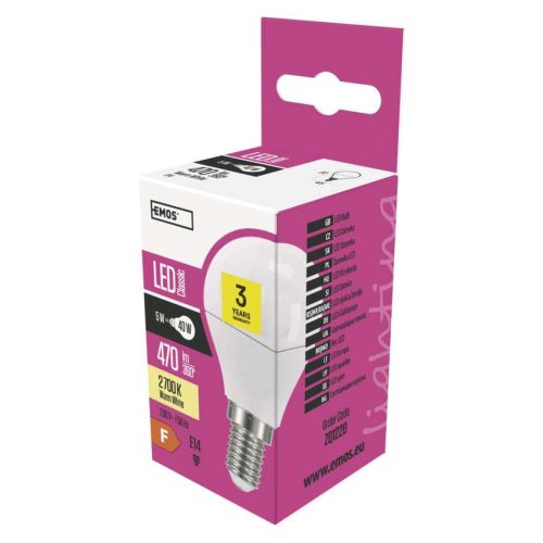 EMOS ZQ1220, LED izzó Classic Mini Globe / E14 / 5 W (40 W) / 470 lm / meleg fehér